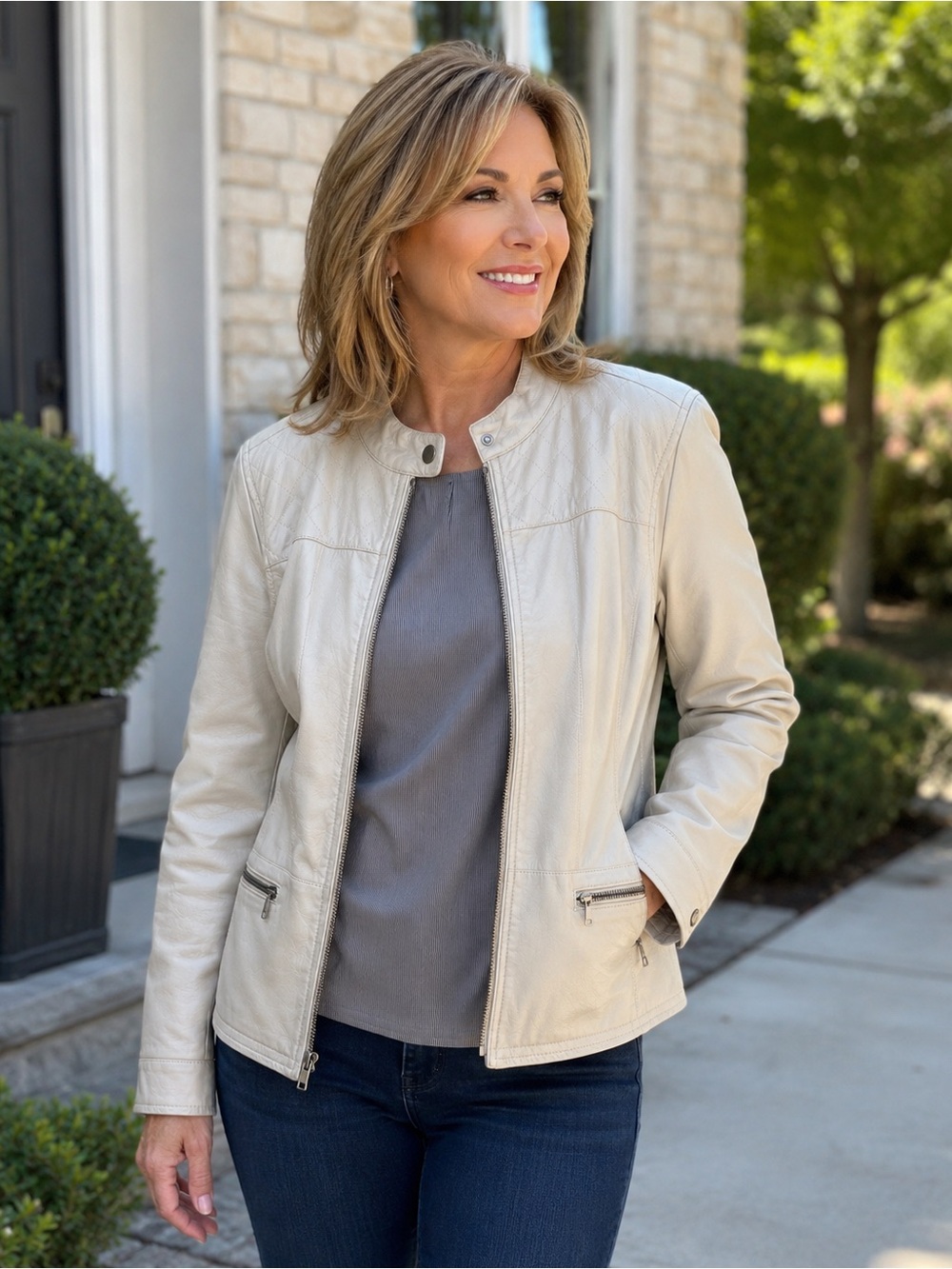 Apt. 9 Women's Light Cream Leather Zip Jacket